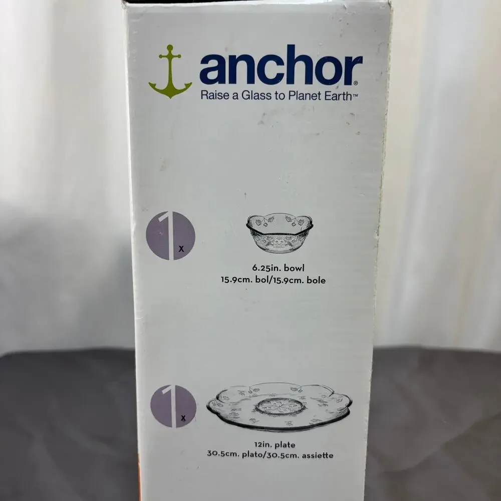 Floral Patterned Chip and Dip Set by Anchor Hocking Savannah Clear Glass 2 pcs